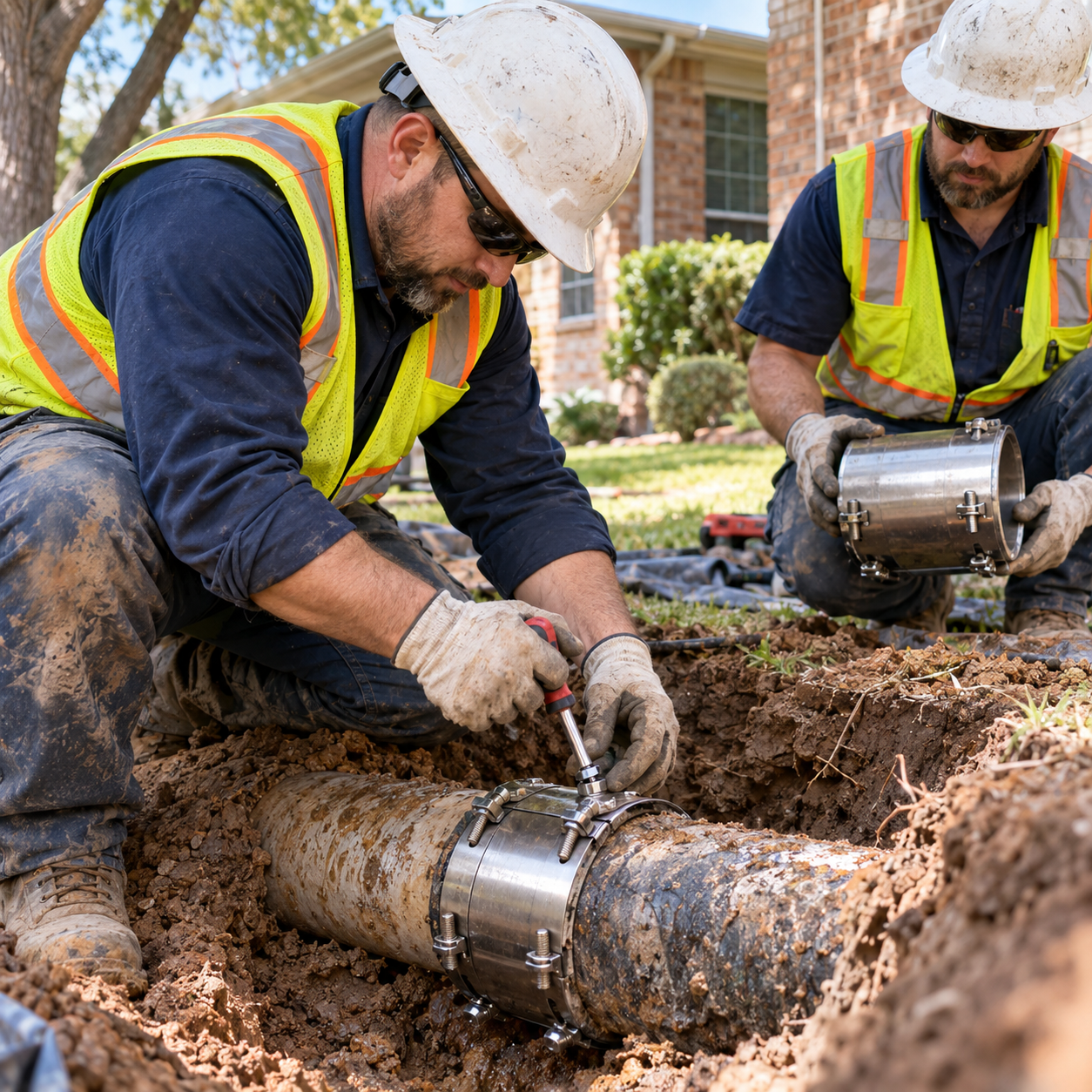 Technicians installing a stainless steel repair clamp on a sewer pipe in an excavated trench
