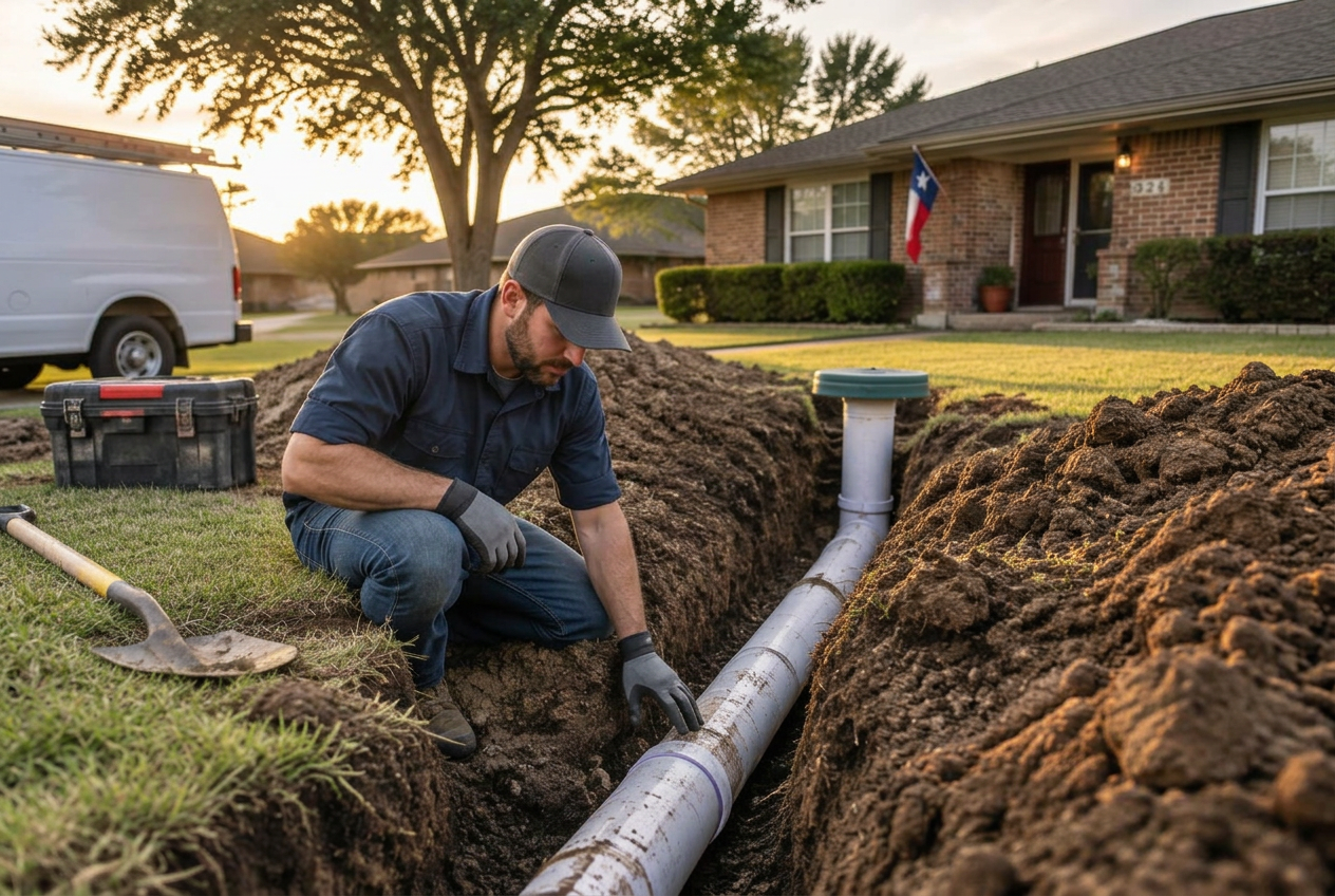 Technician inspecting a newly installed sewer pipe in a Fort Worth front yard